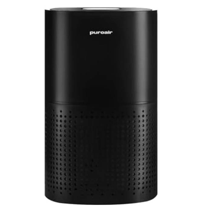 A cylindrical black air purifier with a perforated design, labeled 'puroair' near the top.
