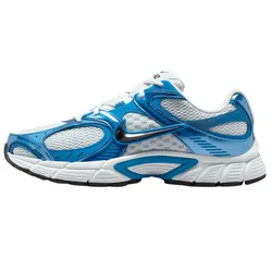 Athletic shoe with blue and white mesh upper, black Swoosh logo, and white cushioned sole.