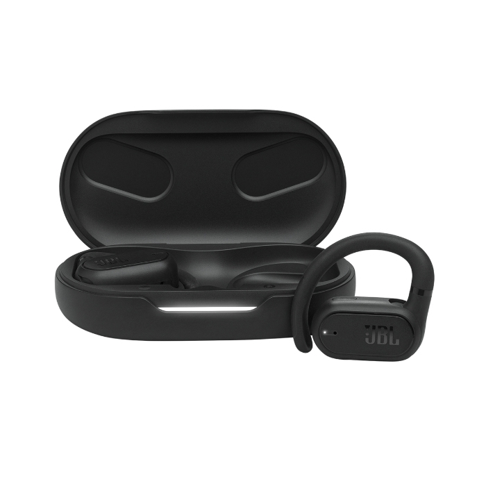 Black refurbished JBL open-ear headphones with ear hooks and a matching charging case, designed for secure fit and comfort.