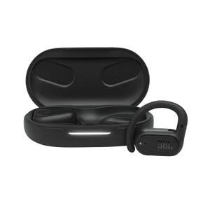 Black refurbished JBL open-ear headphones with ear hooks and a matching charging case, designed for secure fit and comfort.