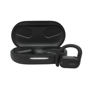 Black refurbished JBL open-ear headphones with ear hooks and a matching charging case, designed for secure fit and comfort.