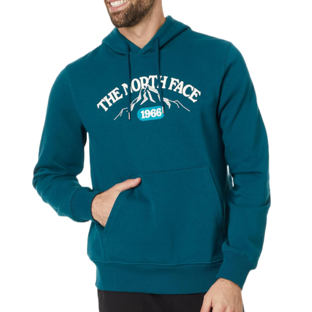 Teal hoodie with \“THE NORTH FACE 1966\“ text and mountain graphic on the chest, featuring a drawstring hood and a front kangaroo pocket.