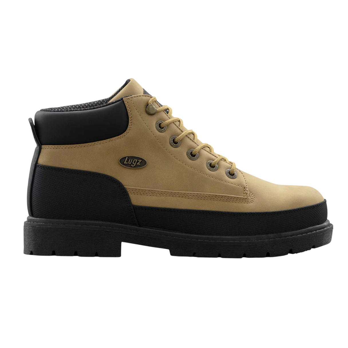 A tan Lugz boot with black accents, featuring metal eyelets and a black sole.