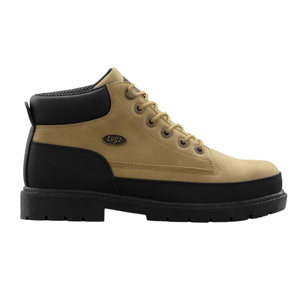 A tan Lugz boot with black accents, featuring metal eyelets and a black sole.