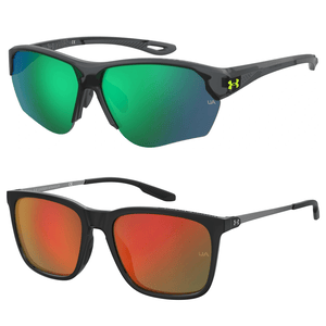 Two pairs of Under Armour sunglasses, one with black frames and green lenses, the other with black frames and orange lenses.