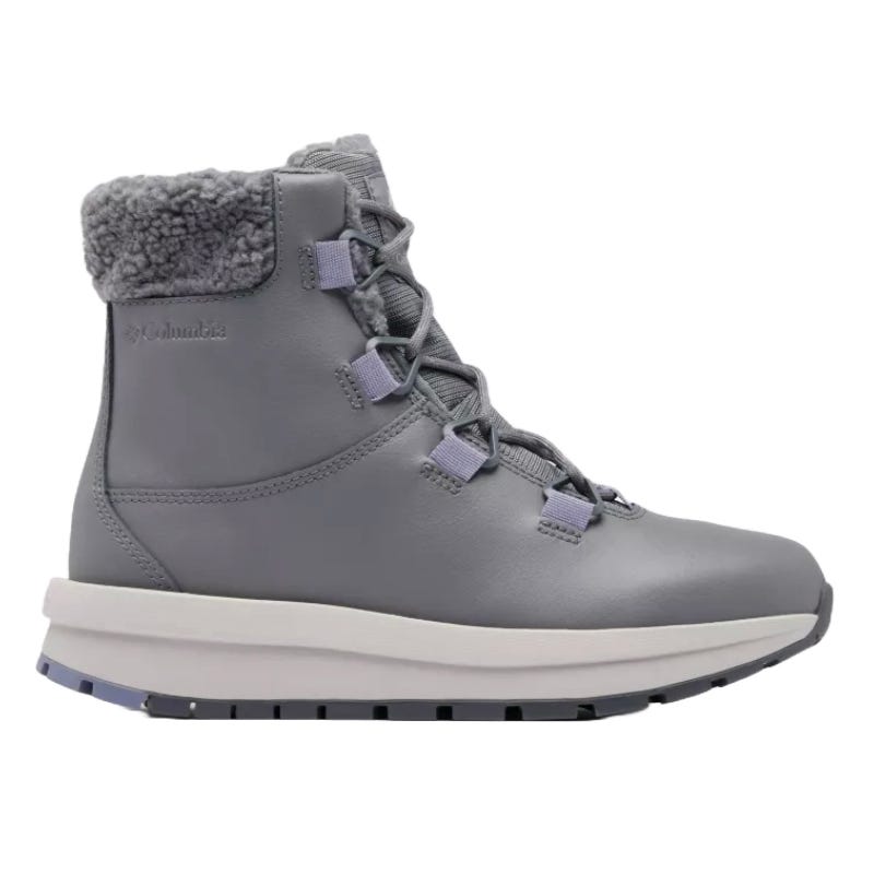 Grey high-top boot with a fur-lined cuff, lace-up closure, and a cushioned sole designed for winter wear.