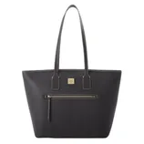 Black tote bag with two handles, featuring a front zip pocket and a Dooney & Bourke logo plaque above the zipper.