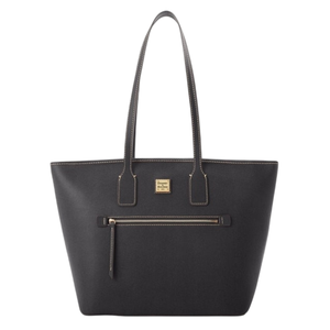 Black tote bag with two handles, featuring a front zip pocket and a Dooney & Bourke logo plaque above the zipper.