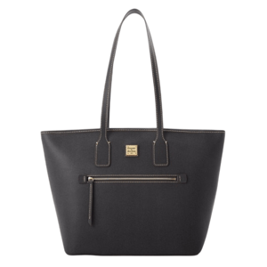 Black tote bag with two handles, featuring a front zip pocket and a Dooney & Bourke logo plaque above the zipper.
