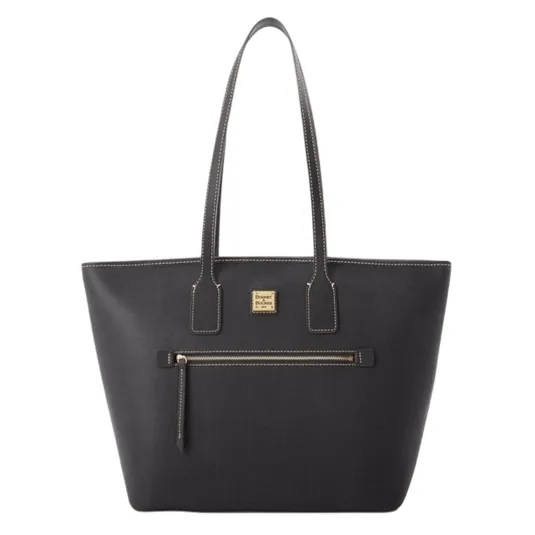 Black tote bag with two handles, featuring a front zip pocket and a Dooney & Bourke logo plaque above the zipper.