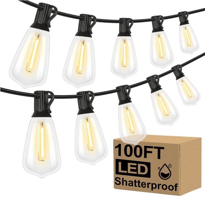 100-foot LED string lights featuring shatterproof bulbs with a warm glow, accompanied by a box labeled \“100FT LED Shatterproof.\“