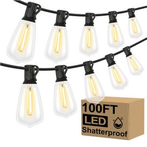 100-foot LED string lights featuring shatterproof bulbs with a warm glow, accompanied by a box labeled \“100FT LED Shatterproof.\“