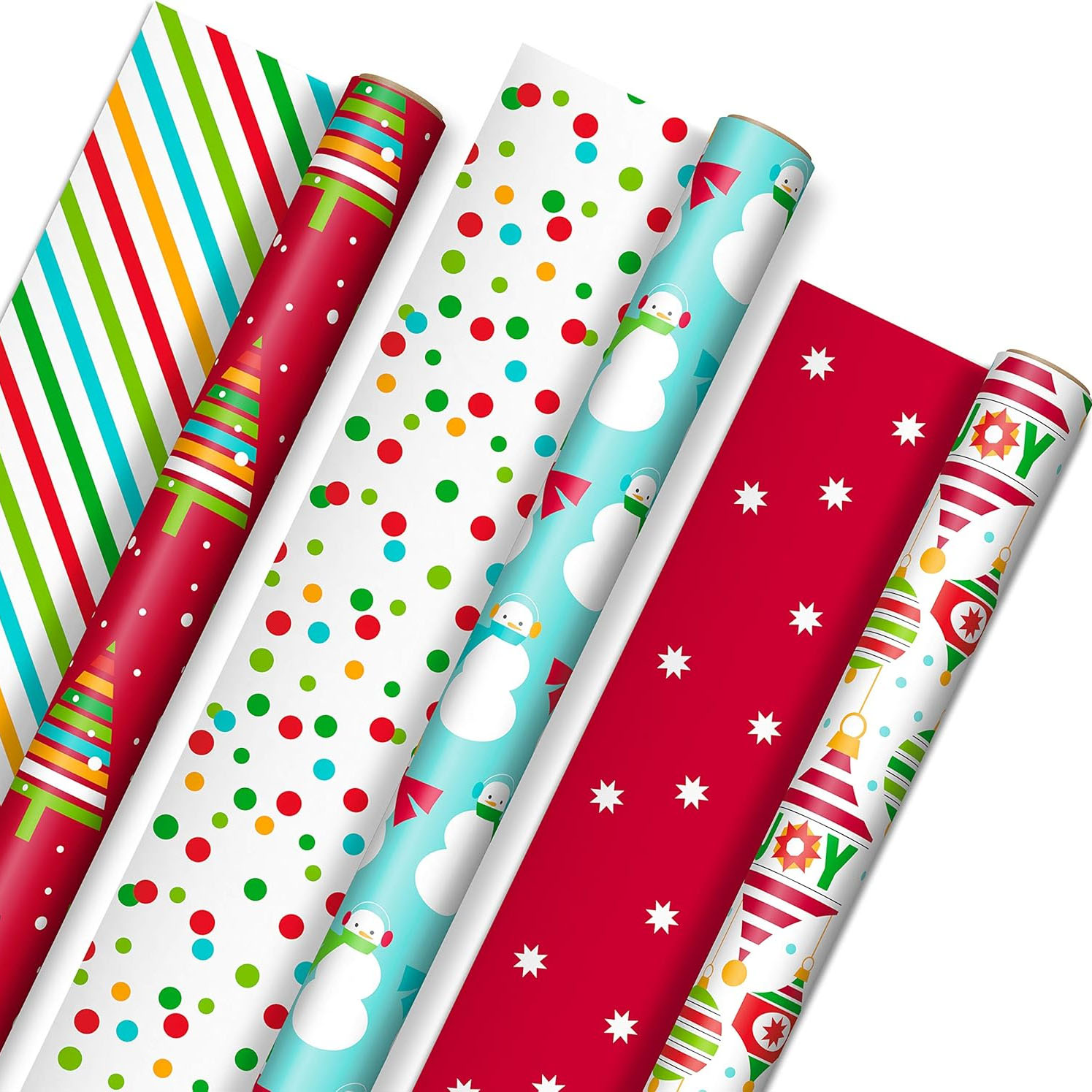 A pack of Hallmark reversible gift wrap featuring festive designs: colorful stripes, Christmas trees, polka dots, snowmen, stars, and holiday-themed patterns. Each roll offers different holiday motifs for versatile wrapping options.