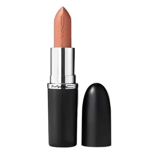 Matte nude lipstick in a black tube with a silver band, featuring the MAC logo.