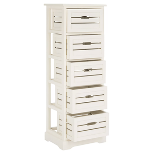 Tall white cabinet with five slatted drawers and metallic handles.