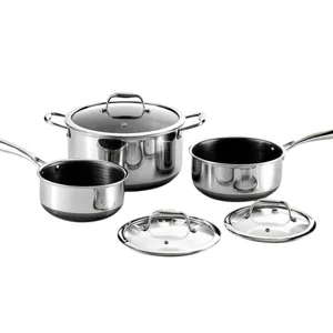 A set of stainless steel cookware, including two saucepans and a stockpot with matching glass lids, featuring long handles and black bases.