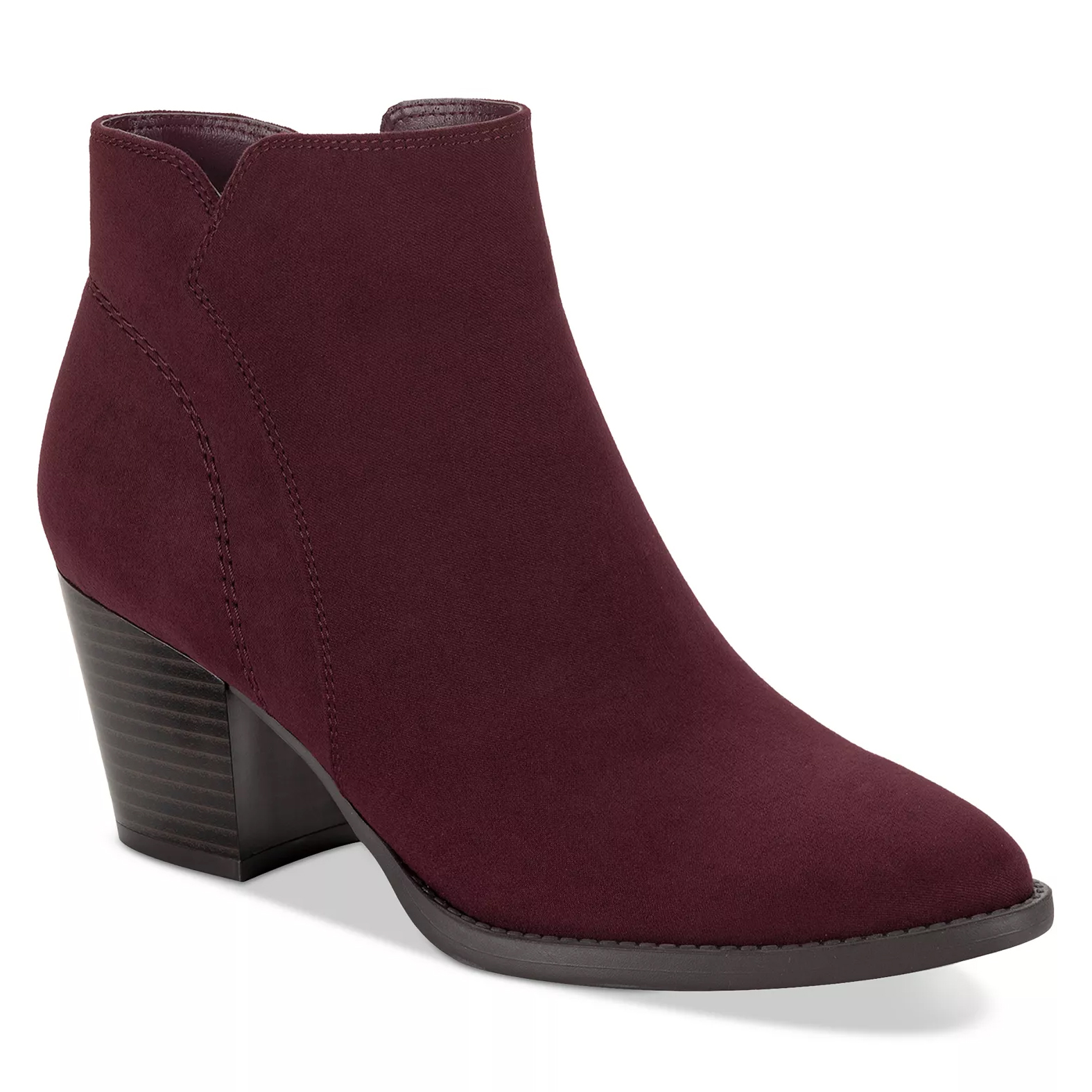 A burgundy suede ankle boot with a low stacked heel and rounded toe design.