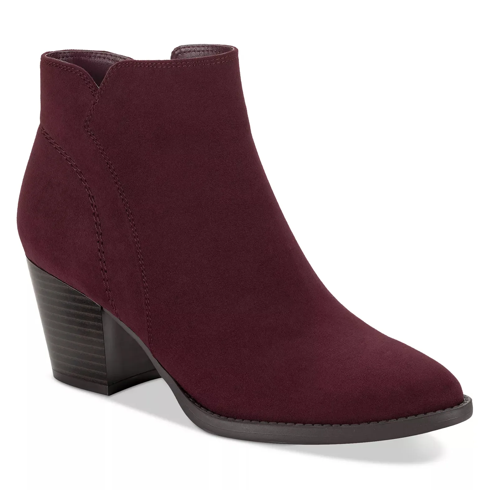 A burgundy suede ankle boot with a low stacked heel and rounded toe design.