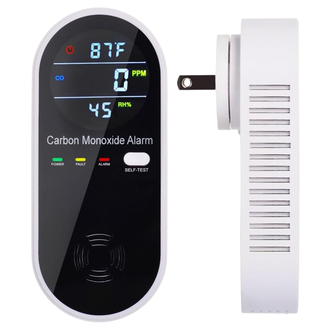 Carbon monoxide alarm with a digital display showing temperature (87°F), CO level (0 PPM), and humidity (45% RH). Features include power, fault, and alarm indicators, a self-test button, and a plug-in design.