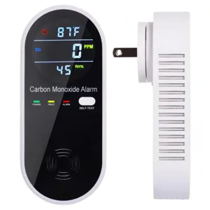Carbon monoxide alarm with a digital display showing temperature (87°F), CO level (0 PPM), and humidity (45% RH). Features include power, fault, and alarm indicators, a self-test button, and a plug-in design.