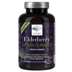 New Nordic Elderberry Vegan Gummies offer immune support with elderberry extract. They are sugar-free and contain 60 gummies with elderberry flavor as a dietary supplement.