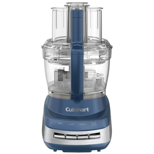 A Cuisinart food processor in blue with a clear mixing bowl, stainless steel accents, and control buttons labeled Mix, Low, High, and Pulse/Stop.