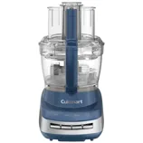A Cuisinart food processor in blue with a clear mixing bowl, stainless steel accents, and control buttons labeled Mix, Low, High, and Pulse/Stop.