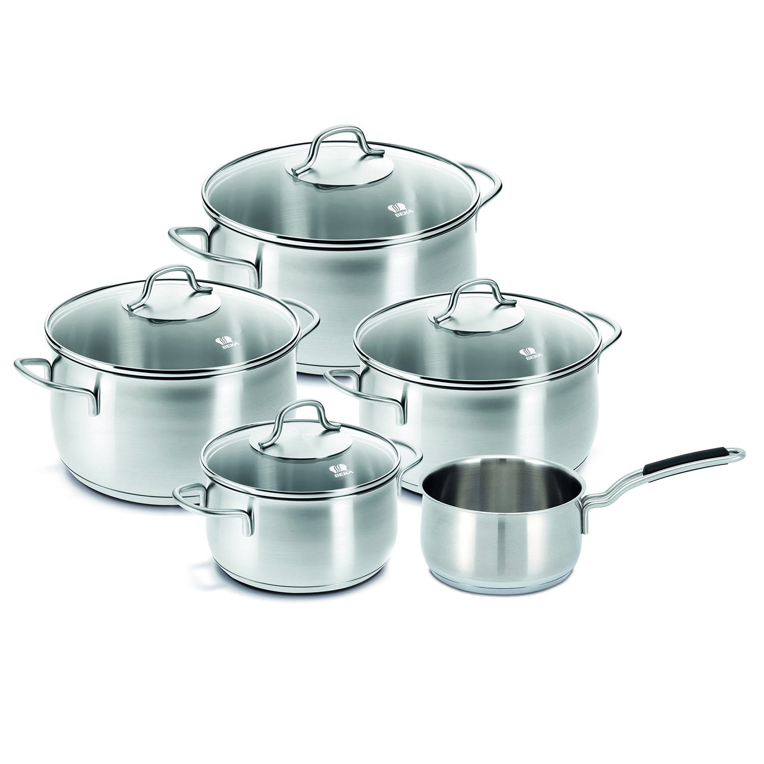 A set of stainless steel cookware featuring four pots with lids and one saucepan, all designed with sturdy handles.
