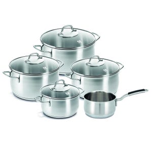 A set of stainless steel cookware featuring four pots with lids and one saucepan, all designed with sturdy handles.