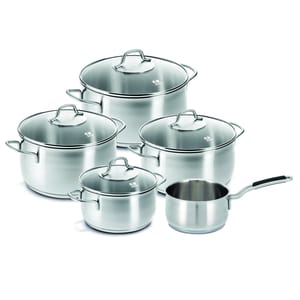 A set of stainless steel cookware featuring four pots with lids and one saucepan, all designed with sturdy handles.