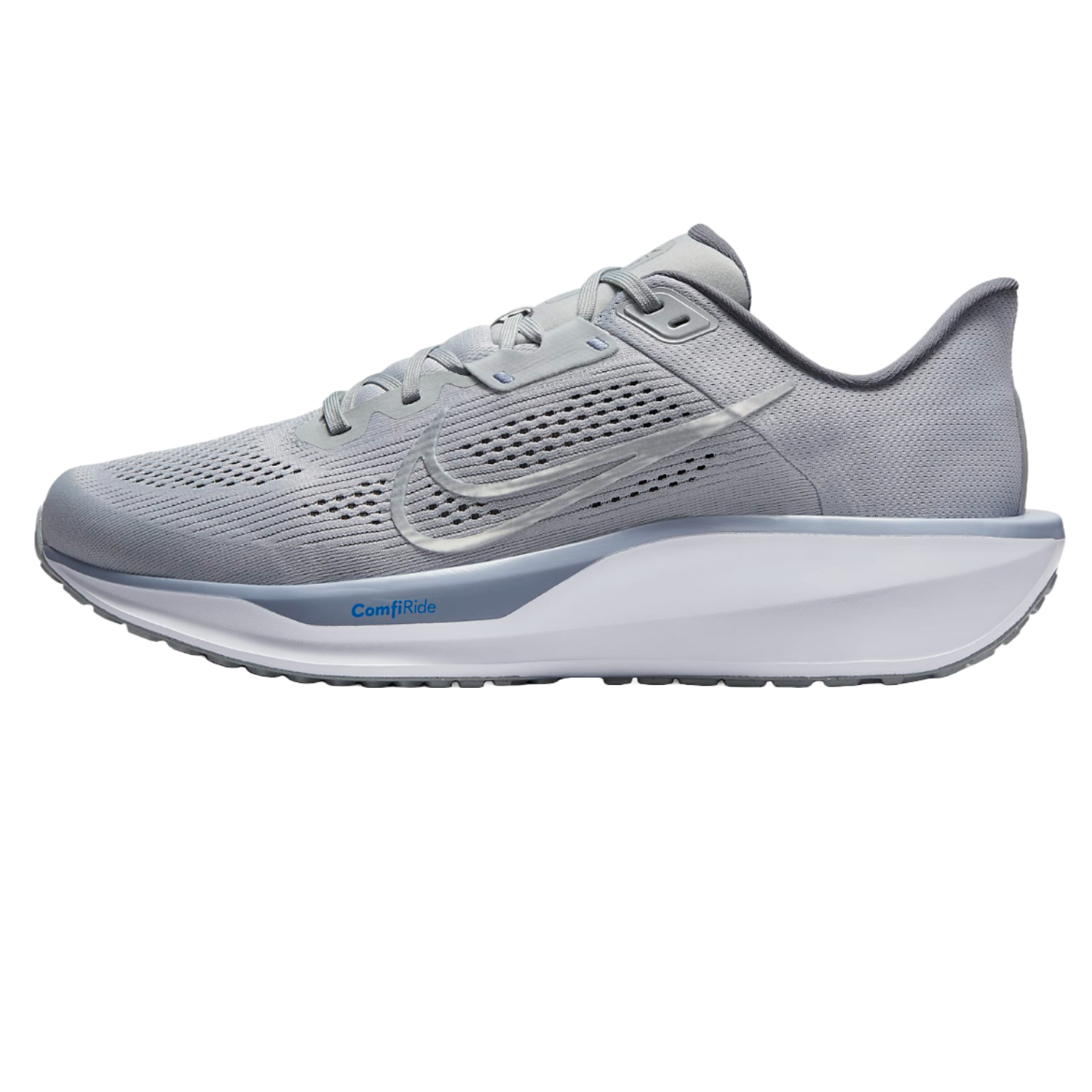 Nike Men's Quest 6 Shoes are gray running sneakers with a mesh upper for breathability, featuring the Nike logo and ComfiRide cushioning for comfort.