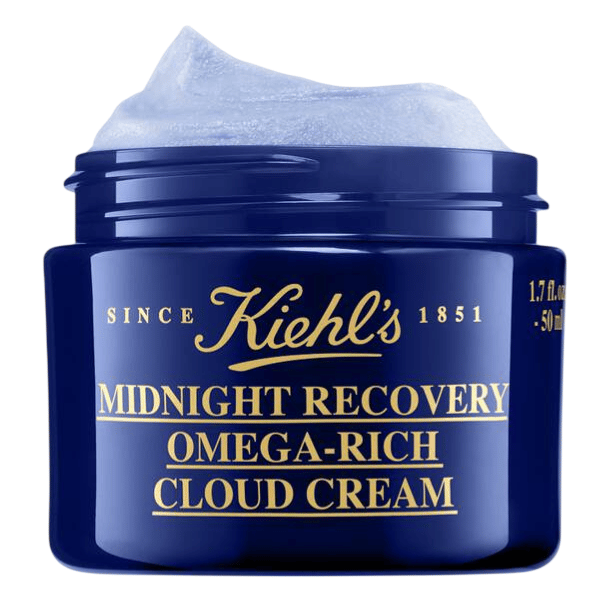 Kiehl's Midnight Recovery Omega-Rich Cloud Cream, 1.7 fl. oz. (50 ml), in a dark blue jar with a soft, cloud-like texture.