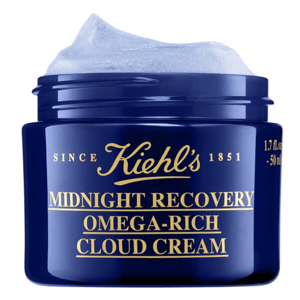 Kiehl's Midnight Recovery Omega-Rich Cloud Cream, 1.7 fl. oz. (50 ml), in a dark blue jar with a soft, cloud-like texture.