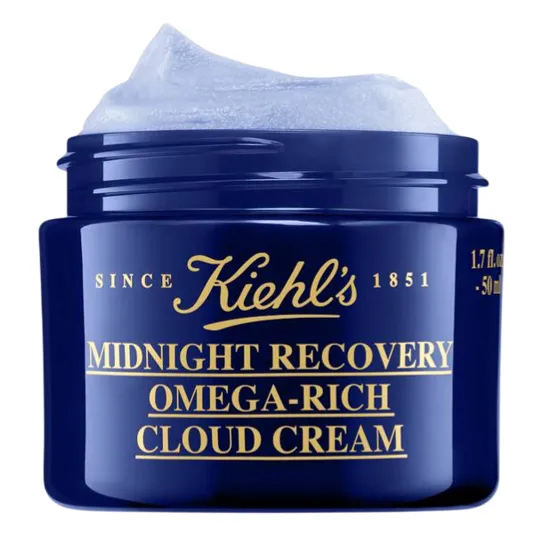 Kiehl's Midnight Recovery Omega-Rich Cloud Cream, 1.7 fl. oz. (50 ml), in a dark blue jar with a soft, cloud-like texture.