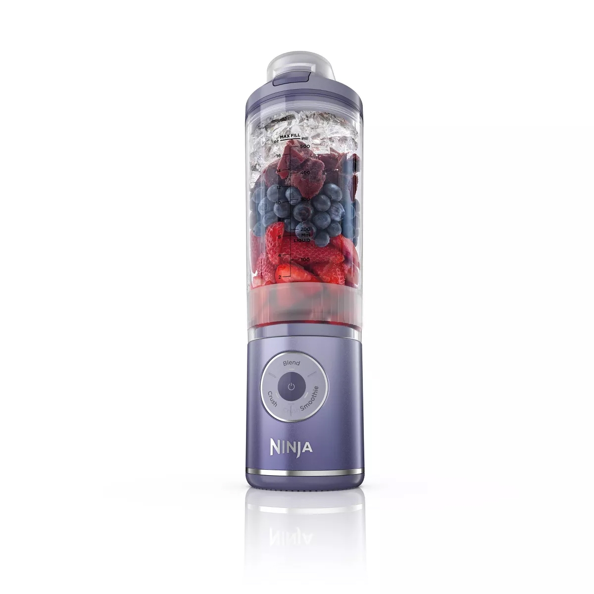 The Ninja Blast Max Portable Blender features a sleek, cylindrical design with a blue base and clear container. It is filled with ice and fruit, and has a dial for blend settings like \“Blend\“, \“Crush\“, and \“Smoothie\“.