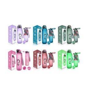 Reusable water bottles in various colors with matching packaging, some equipped with carrying loops.