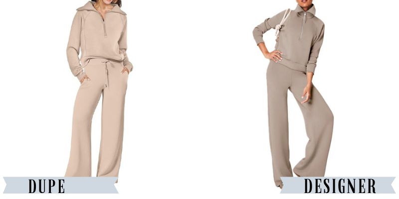A beige two-piece lounge set beside a similar lounge set from Spanx.