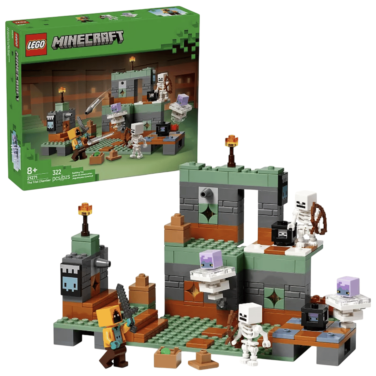 LEGO Minecraft set 21271, \“The First Adventure,\“ includes 322 pieces for building a blocky landscape with mini-figures like skeletons and a player, recommended for ages 8 and up.