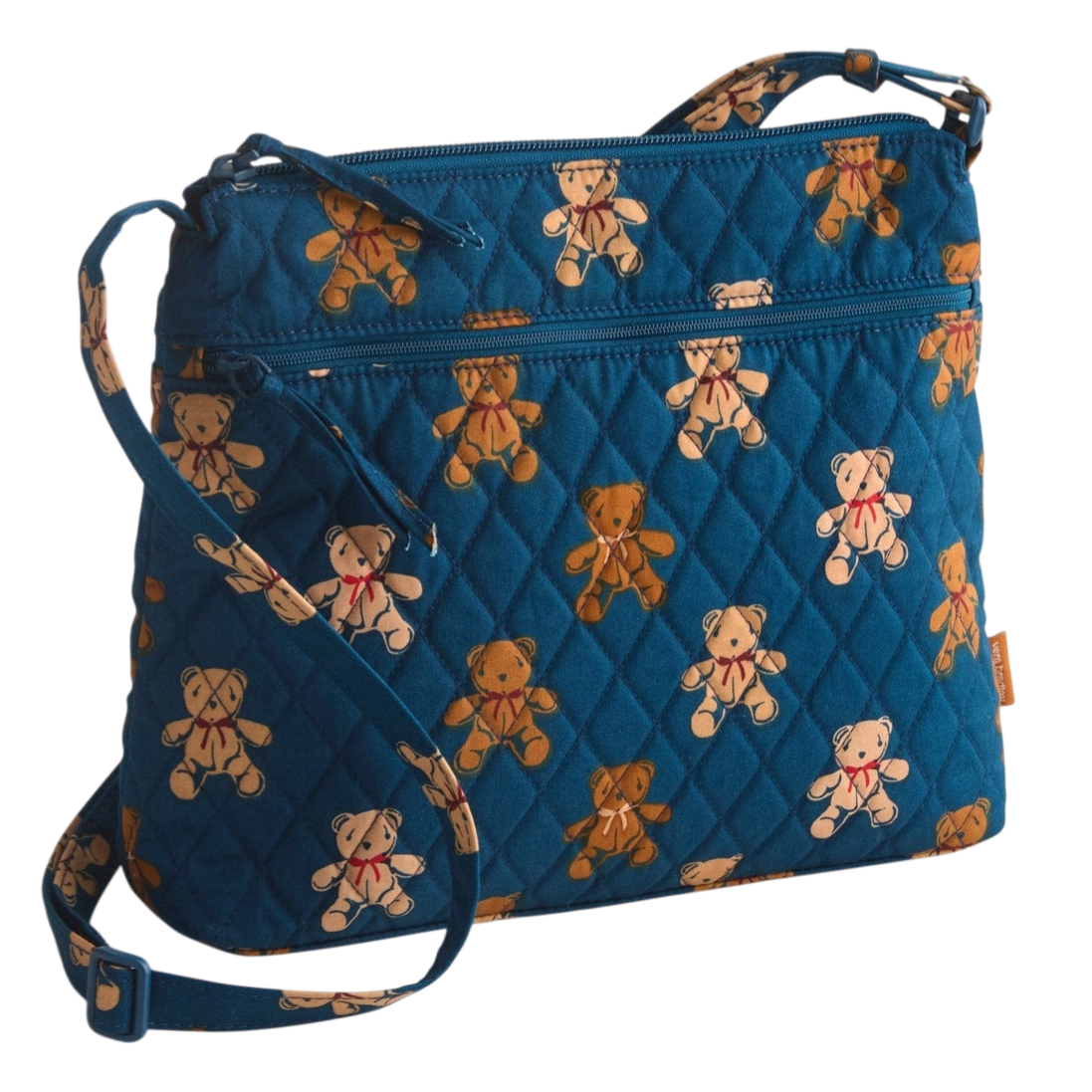 Blue quilted crossbody bag featuring a teddy bear pattern with multiple zippered compartments and an adjustable strap.