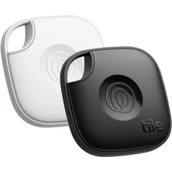 Two Tile Mate Bluetooth trackers, one black and one white, designed for finding lost items using a connected mobile app.