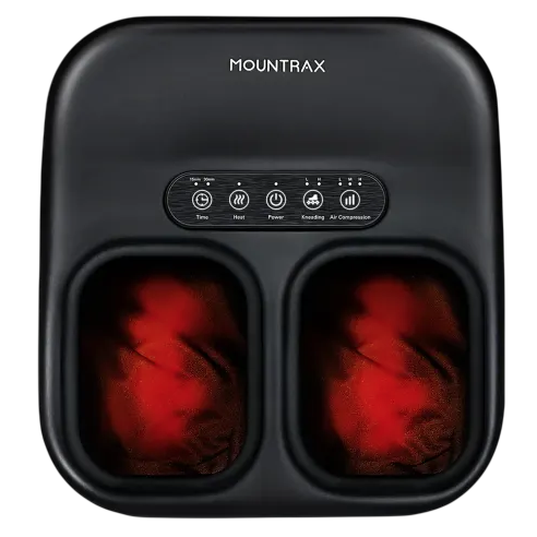 A Mountrax foot massager with time, heat, power, kneading, and air compression settings, designed for relaxation and foot therapy.