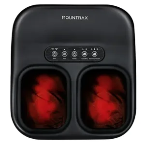 A Mountrax foot massager with time, heat, power, kneading, and air compression settings, designed for relaxation and foot therapy.