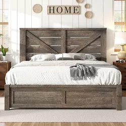 A rustic wooden bed frame with a geometric headboard design, adorned with white bedding and a textured throw blanket. Flanked by two wooden nightstands, the area features decorative wall accents, including a \“HOME\“ sign.