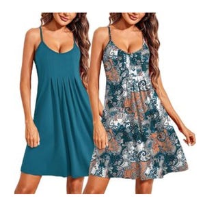 Two sleeveless dresses with spaghetti straps are shown: one in solid teal color and another with a multicolored paisley print.