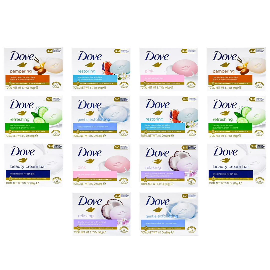 Various Dove soap bars are shown, including pampering, restoring, pink, refreshing, gentle exfoliating, relaxing, and beauty cream bars, each in 3.17 oz packaging.