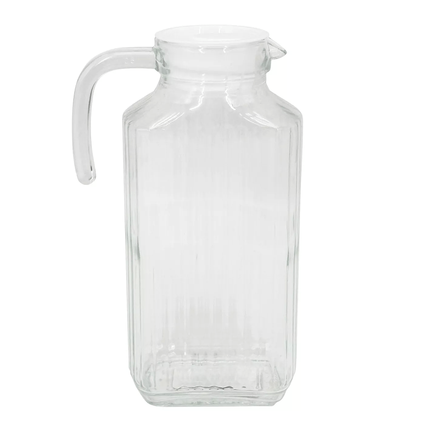 A clear glass pitcher with a rectangular shape, handle, and spout.