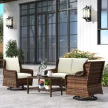 Outdoor patio set with two cushioned swivel chairs, a cushioned loveseat, and a glass-top coffee table, made of brown wicker material.