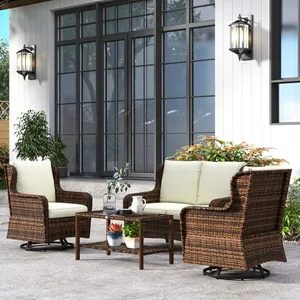 Outdoor patio set with two cushioned swivel chairs, a cushioned loveseat, and a glass-top coffee table, made of brown wicker material.
