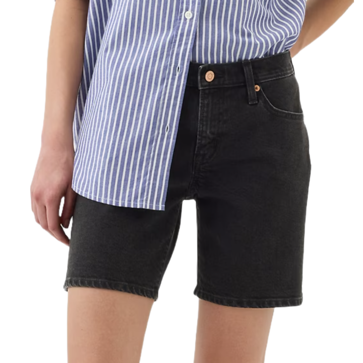 Black denim shorts featuring a 5-inch inseam and a mid-rise fit, paired with a blue and white striped button-up shirt.