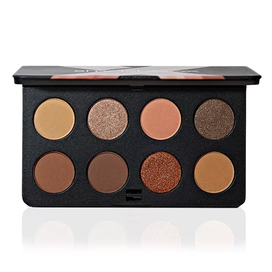 An eight-color eyeshadow palette featuring a mix of matte and shimmer shades in neutral and warm tones, suited for versatile makeup looks.